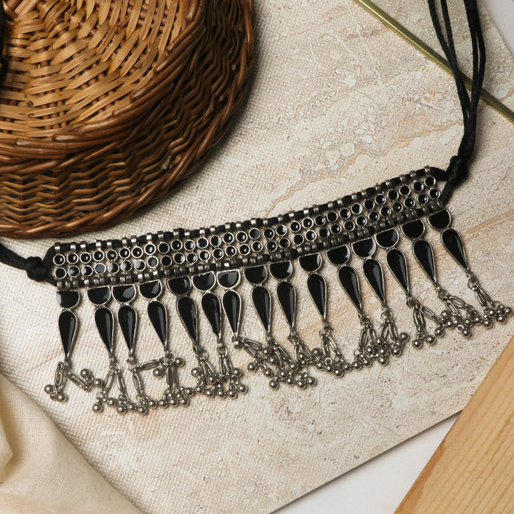 Teejh Adhira Black Silver Oxidised  Choker Necklace