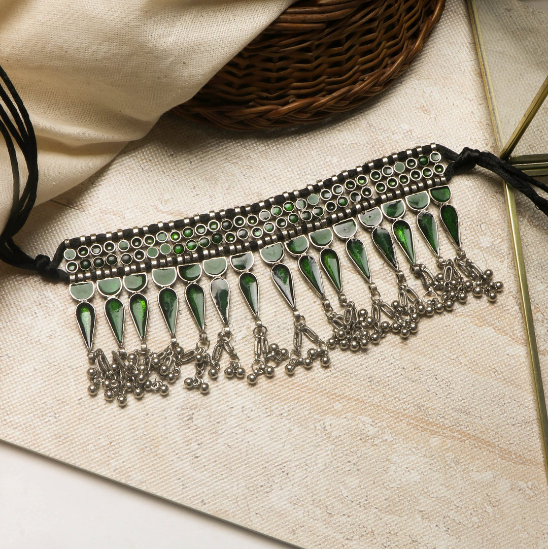 Teejh Heeral Green Silver Oxidised Choker Necklace