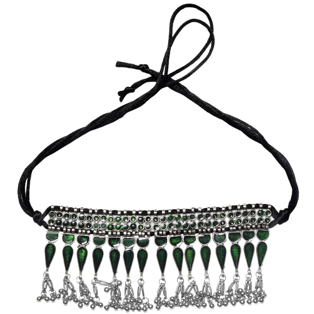 Teejh Heeral Green Silver Oxidised Choker Necklace