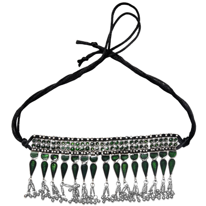 Teejh Heeral Green Silver Oxidised Choker Necklace