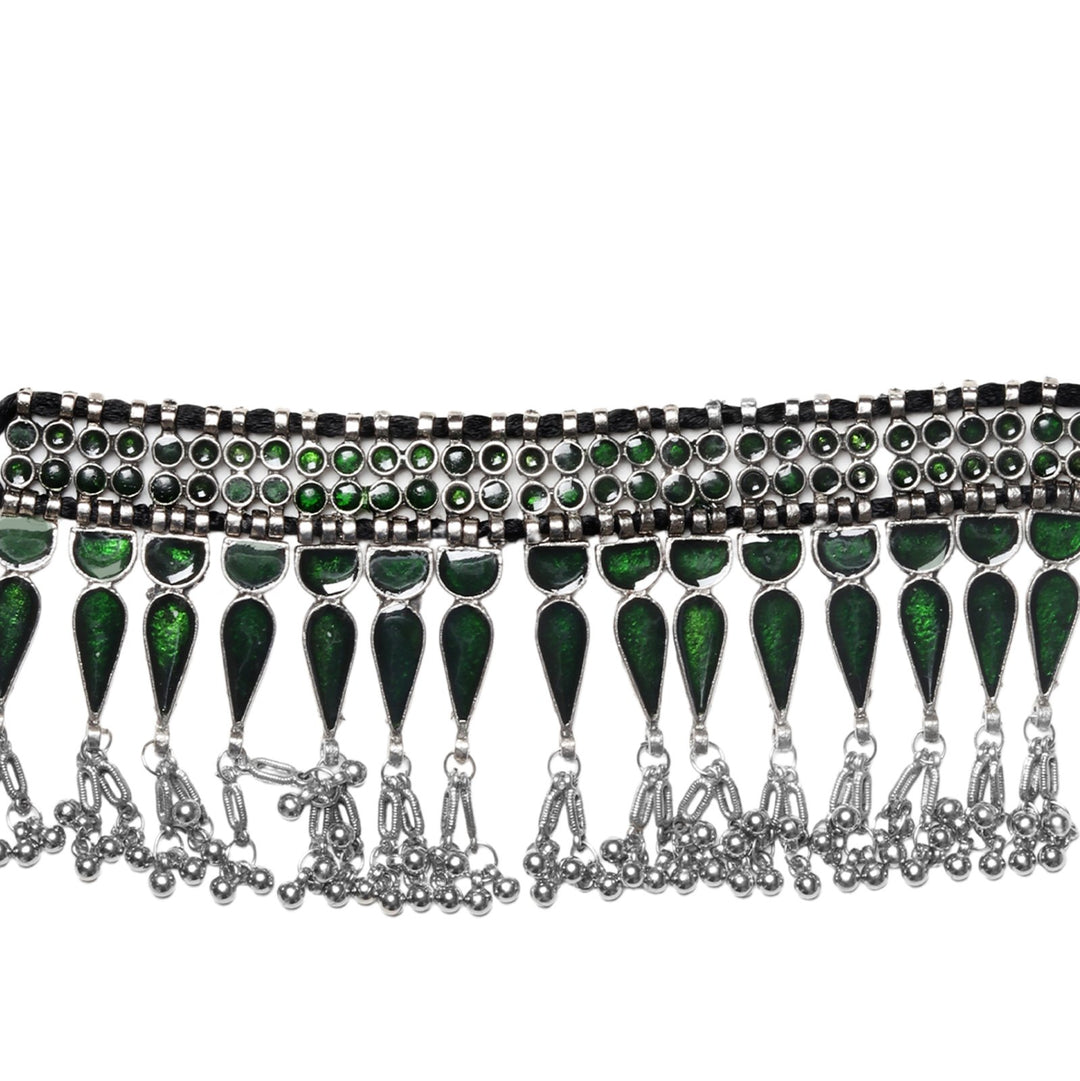 Teejh Heeral Green Silver Oxidised Choker Necklace