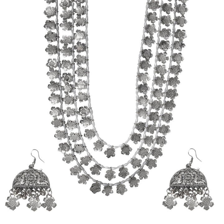 Teejh Faiza Silver Oxidised Floral Long Necklace Set