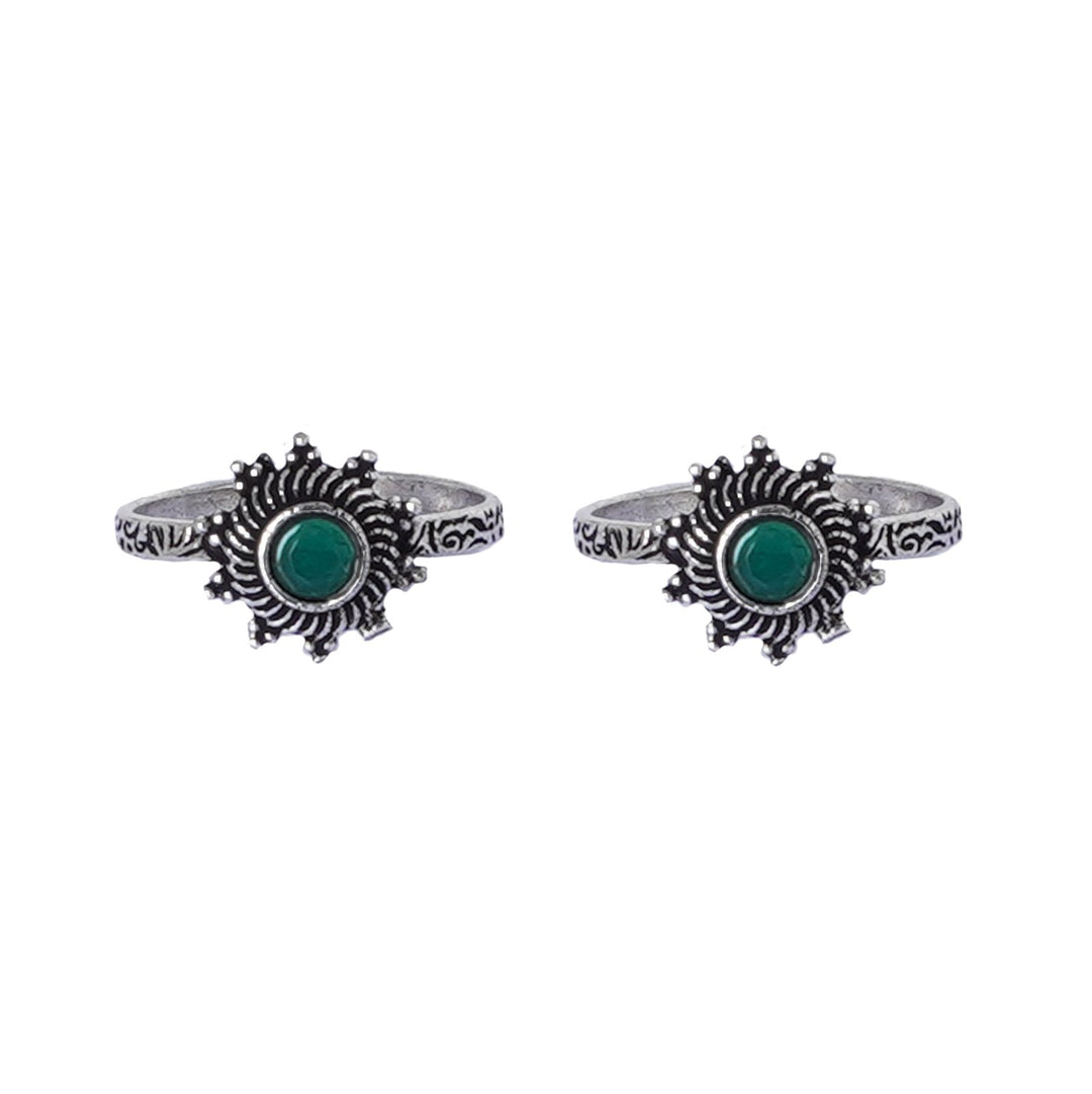 Teejh Aashvi Green Stone Silver Oxidised Toe Rings