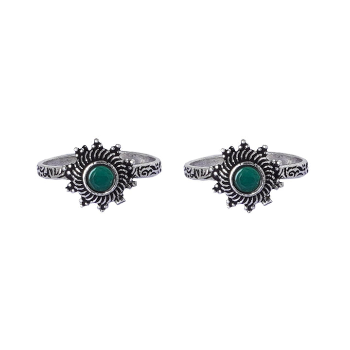 Teejh Aashvi Green Stone Silver Oxidised Toe Rings