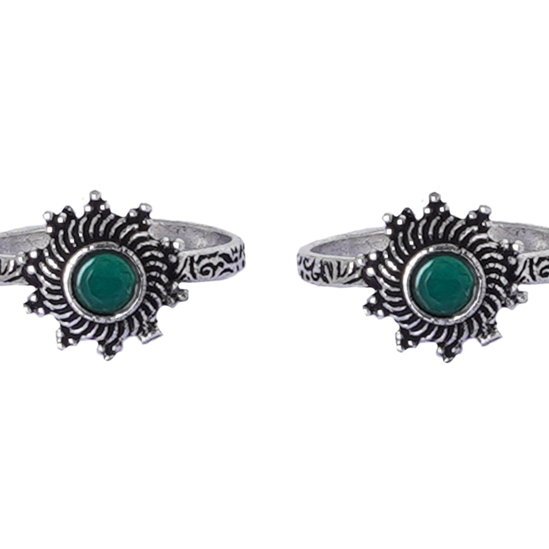 Teejh Aashvi Green Stone Silver Oxidised Toe Rings