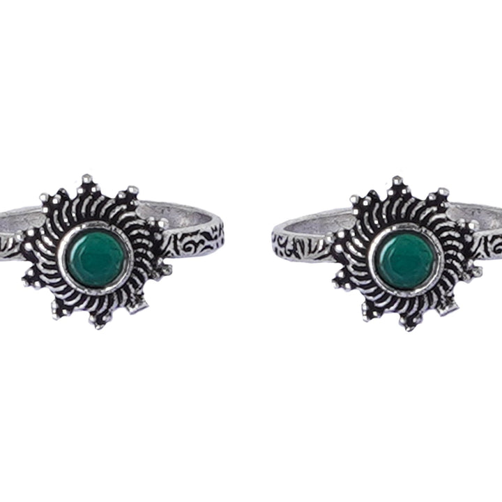 Teejh Aashvi Green Stone Silver Oxidised Toe Rings