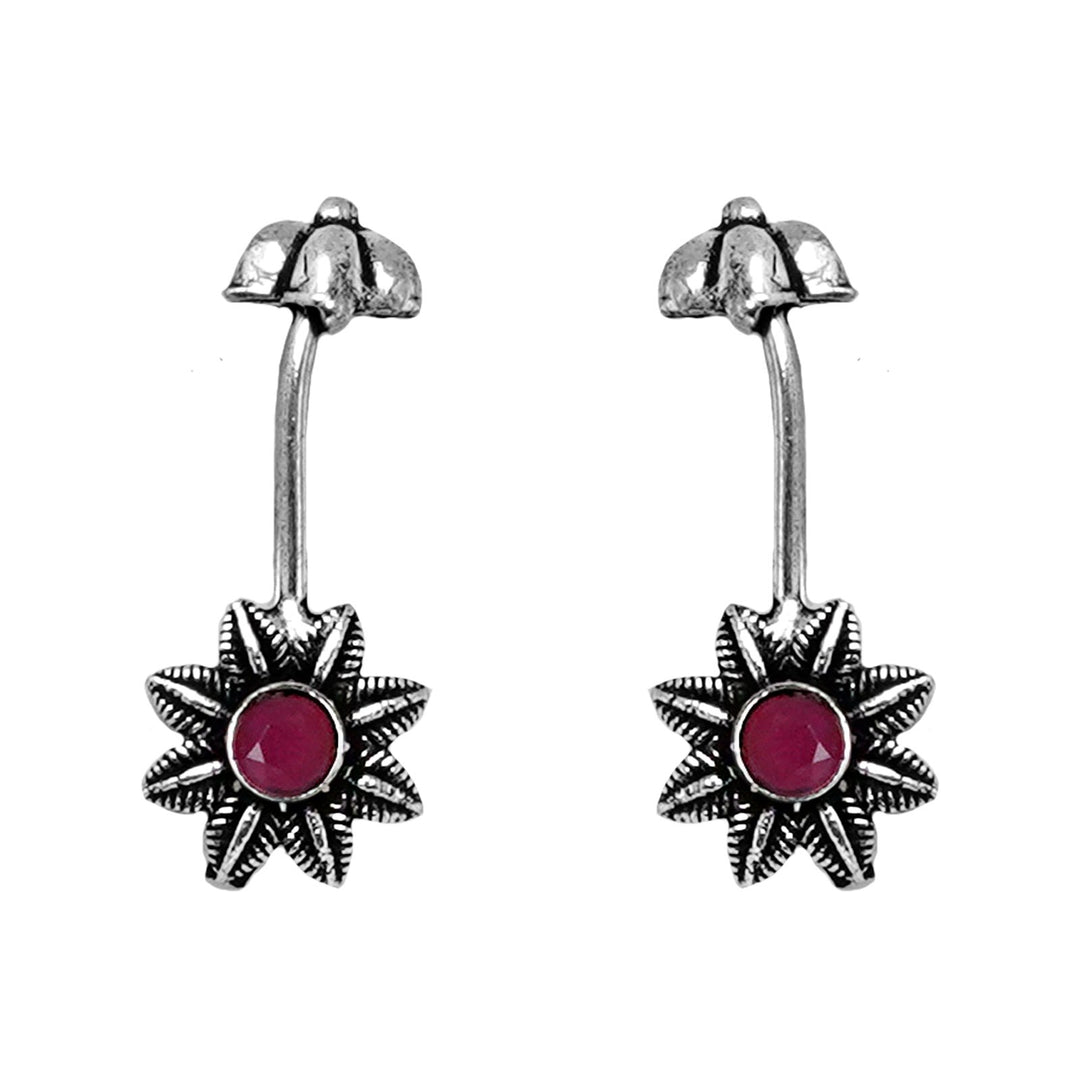 Teejh  Krisha Red Stone Silver Oxidsed Clip On Bugadi
