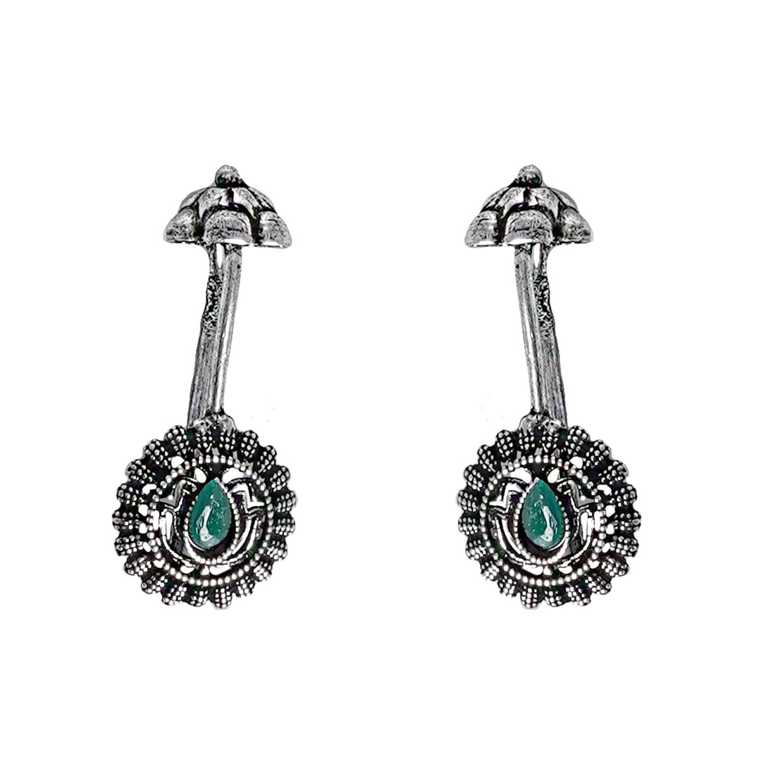 Teejh  Nitara Green Stone Silver Oxidised Clip On Bugadi
