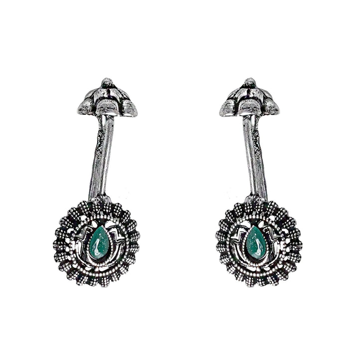 Teejh  Nitara Green Stone Silver Oxidised Clip On Bugadi