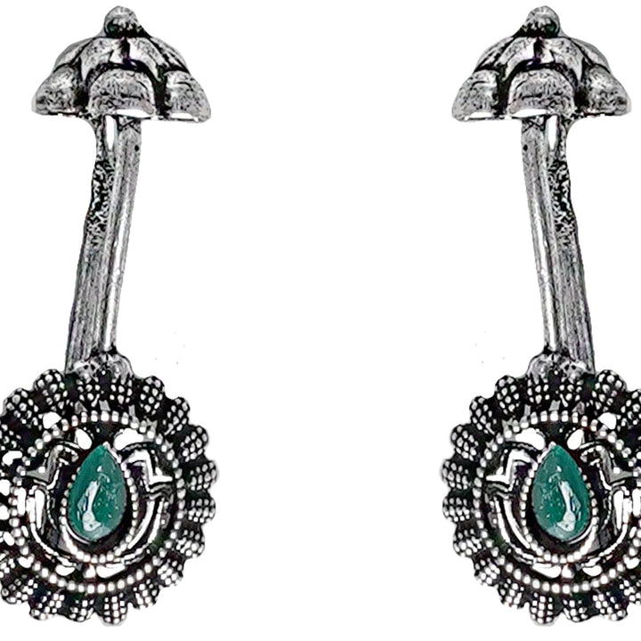 Teejh  Nitara Green Stone Silver Oxidised Clip On Bugadi