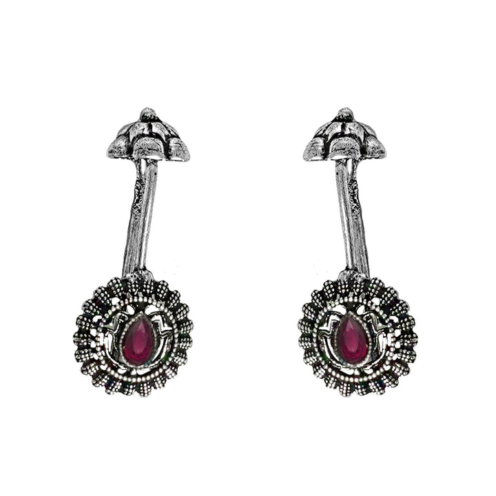 Teejh  Nitara Red Stone Silver Oxidised Clip On Bugadi
