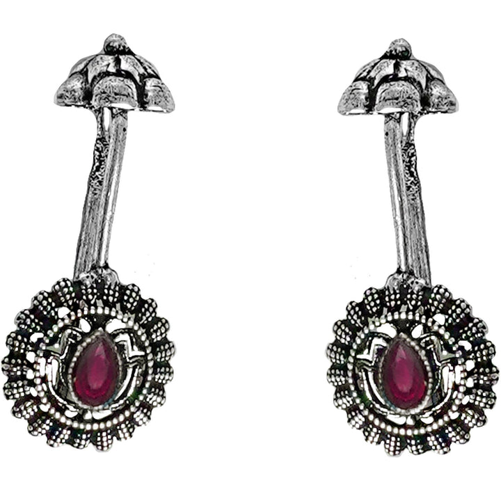 Teejh  Nitara Red Stone Silver Oxidised Clip On Bugadi