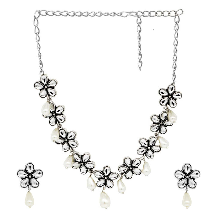 Teejh Unnati Silver Oxidised Polki Necklace Set