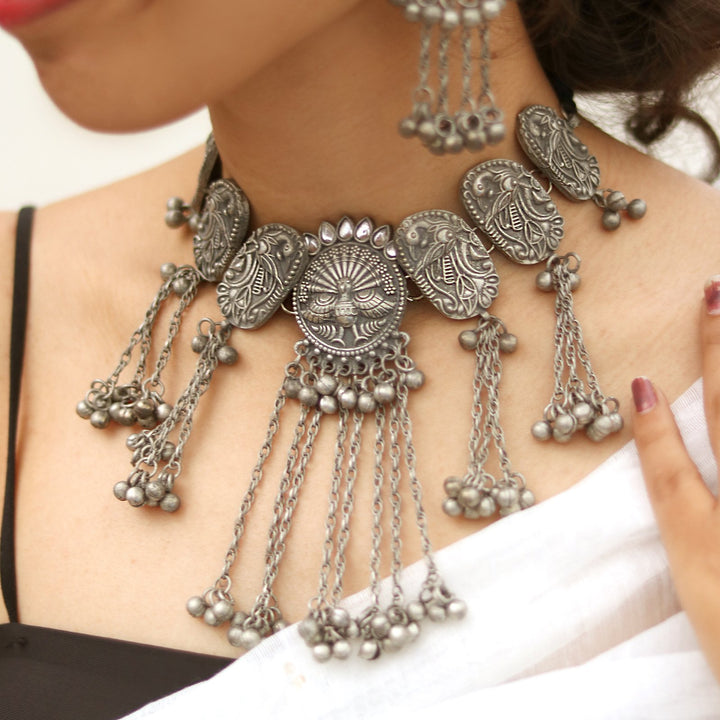 Teejh Ridhi Silver Oxidised Choker Necklace Set