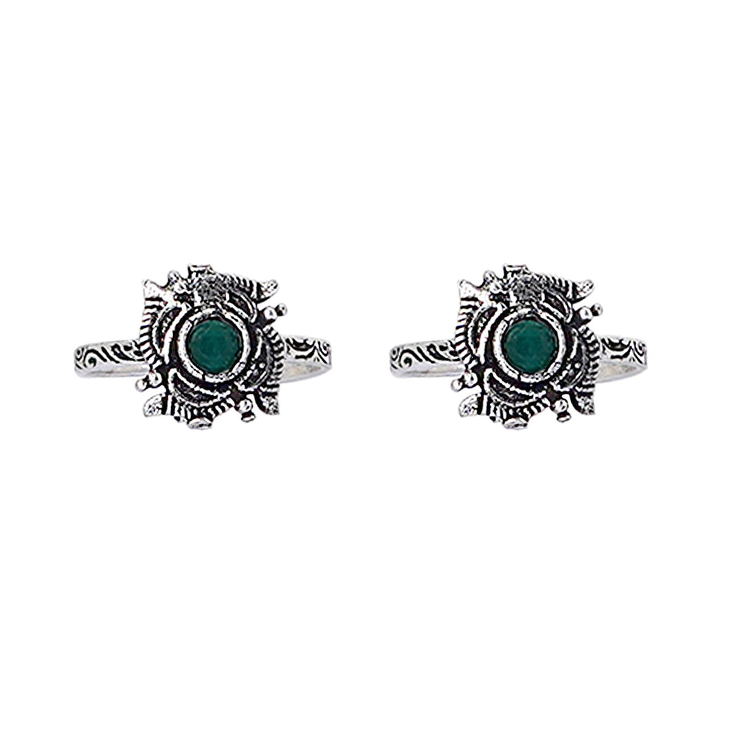 Teejh Niya Green Stone Silver Oxidised Toe Rings