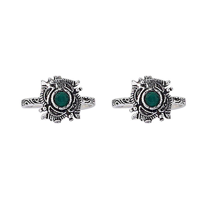Teejh Niya Green Stone Silver Oxidised Toe Rings