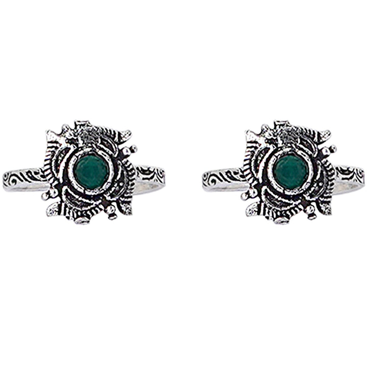 Teejh Niya Green Stone Silver Oxidised Toe Rings