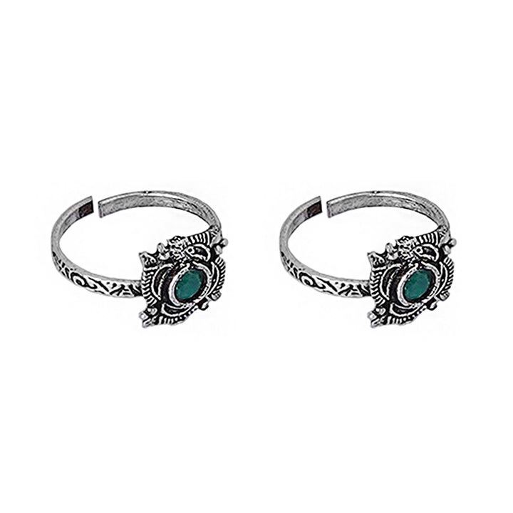Teejh Niya Green Stone Silver Oxidised Toe Rings