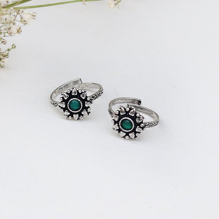 Teejh Miraya Green Stone Silver Oxidised Toe Rings