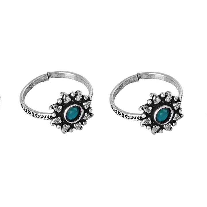 Teejh Miraya Green Stone Silver Oxidised Toe Rings