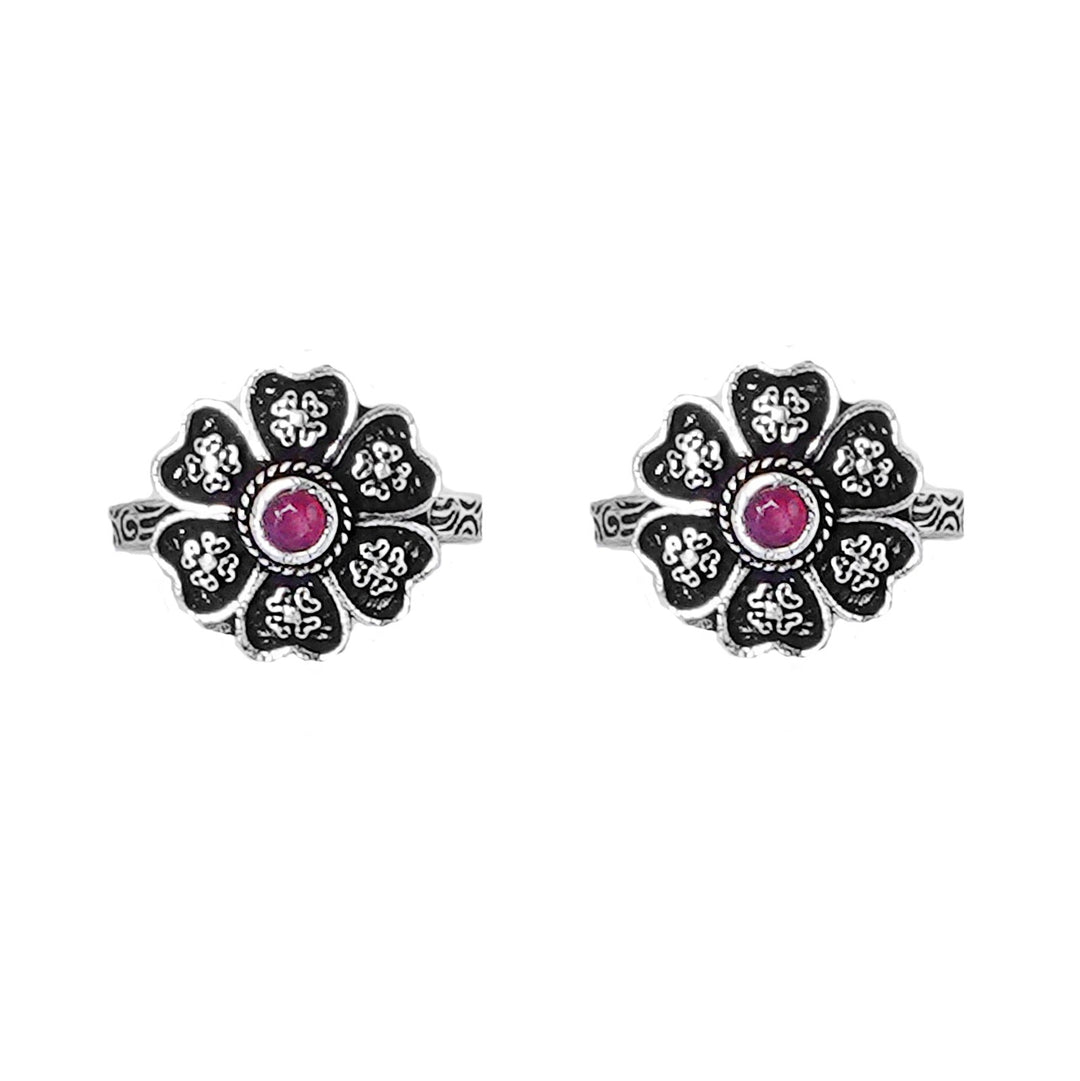 Teejh Ruhi Pink Stone Silver Oxidised Toe Rings