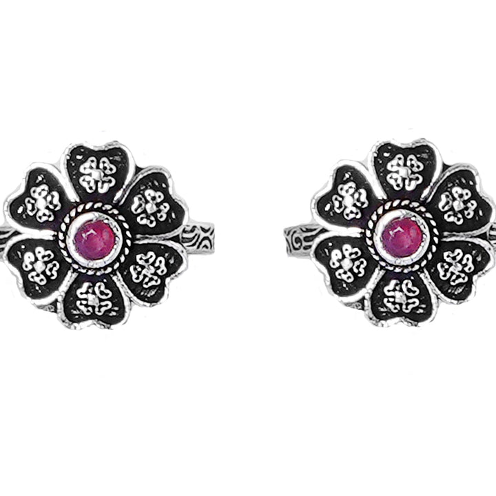 Teejh Ruhi Pink Stone Silver Oxidised Toe Rings