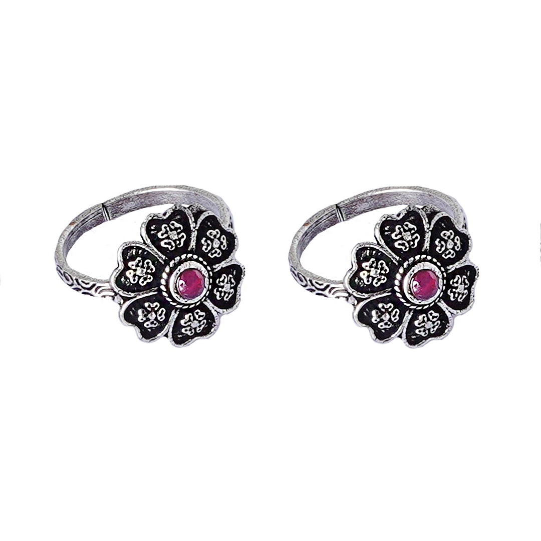 Teejh Ruhi Pink Stone Silver Oxidised Toe Rings
