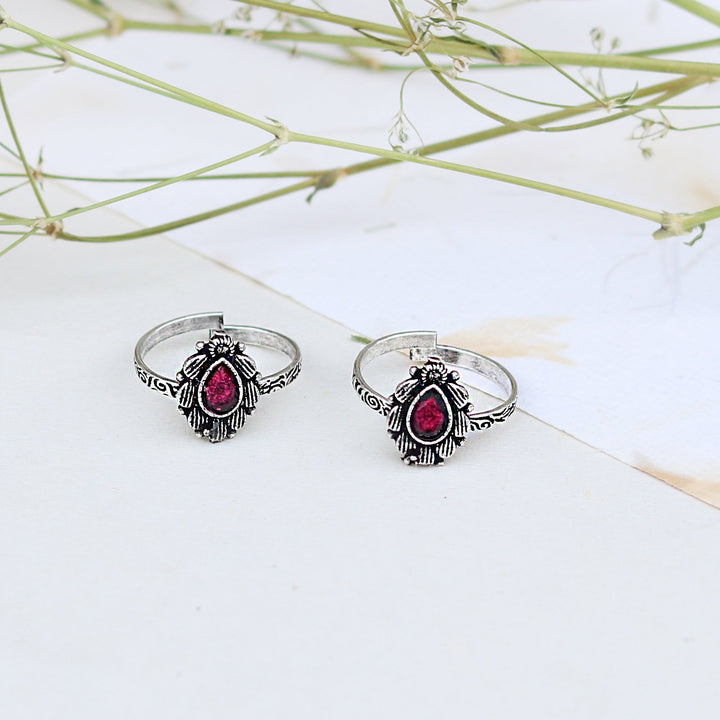 Teejh Pravya Pink Stone Silver Oxidised Toe Rings