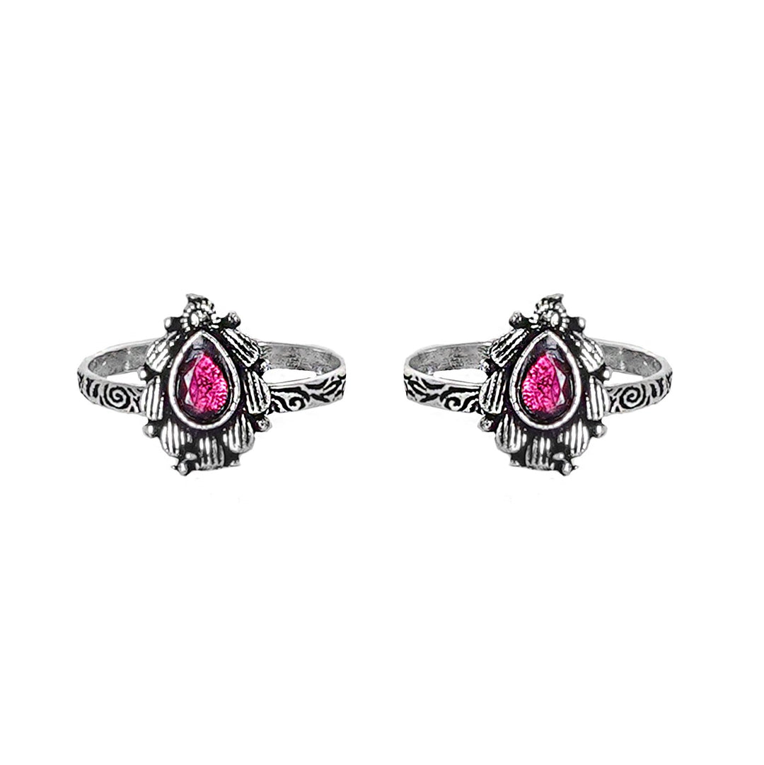 Teejh Pravya Pink Stone Silver Oxidised Toe Rings