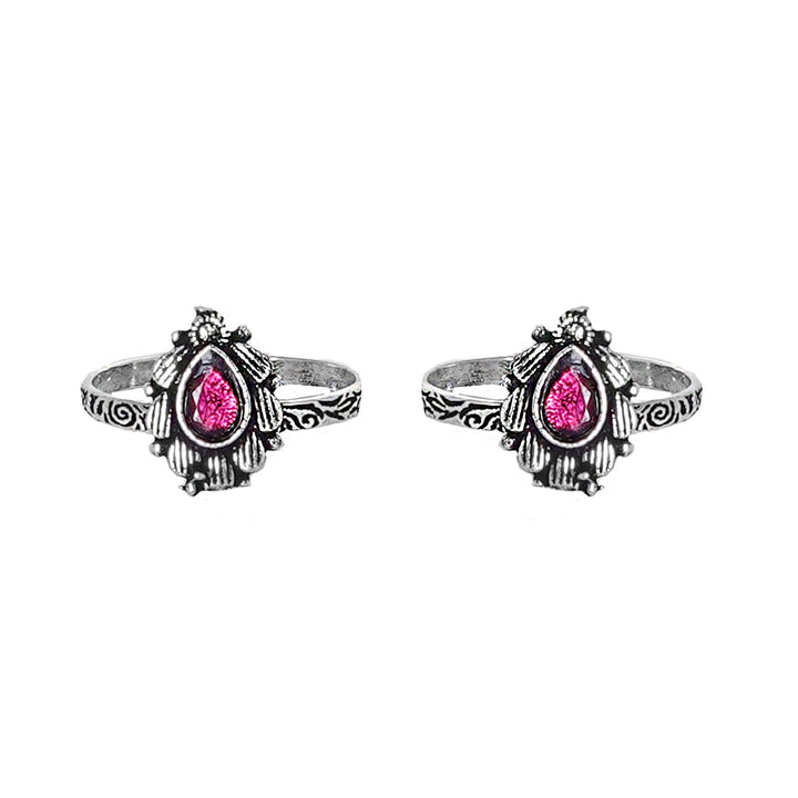 Teejh Pravya Pink Stone Silver Oxidised Toe Rings