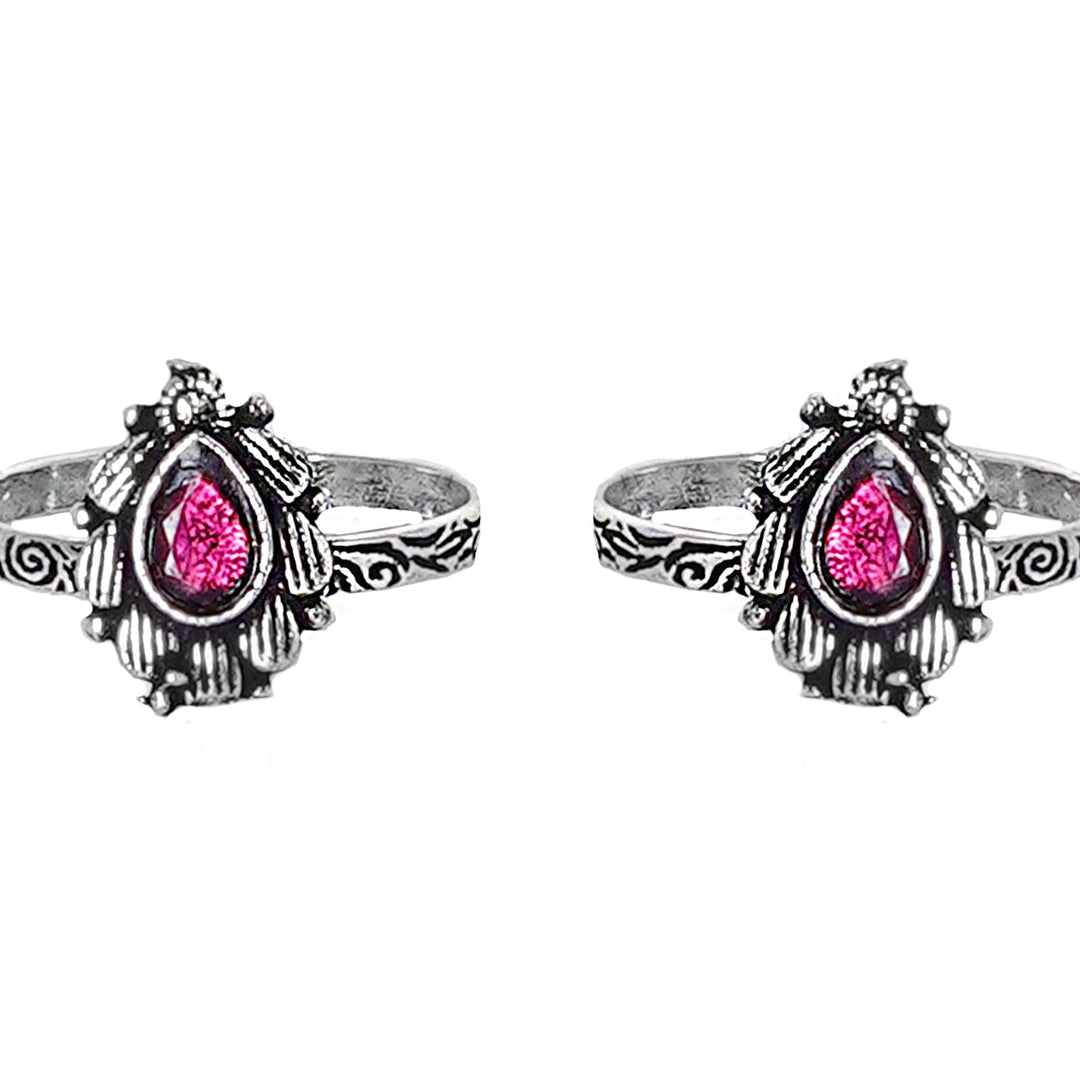 Teejh Pravya Pink Stone Silver Oxidised Toe Rings