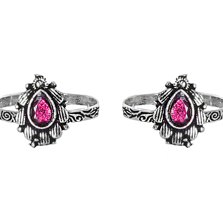 Teejh Pravya Pink Stone Silver Oxidised Toe Rings