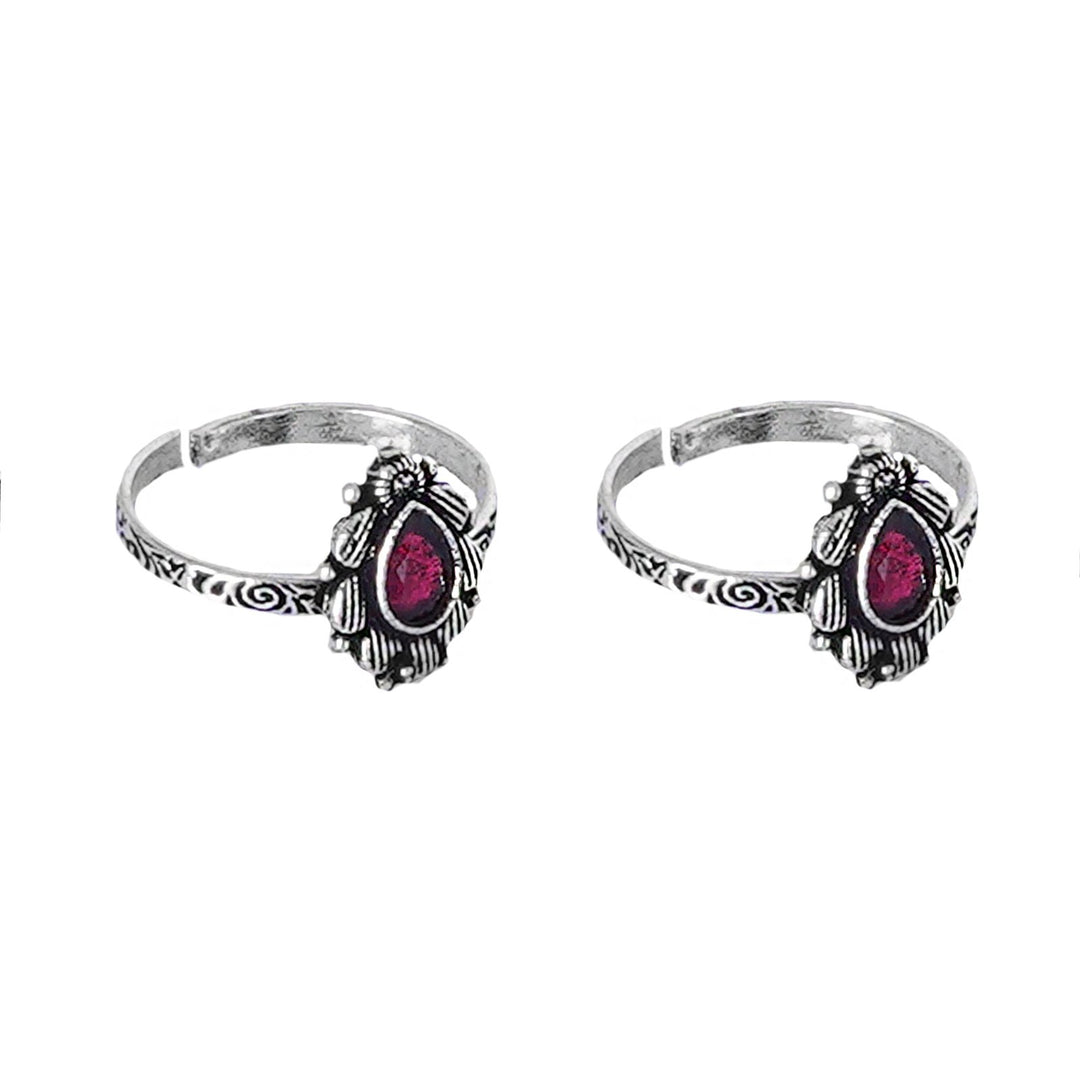 Teejh Pravya Pink Stone Silver Oxidised Toe Rings