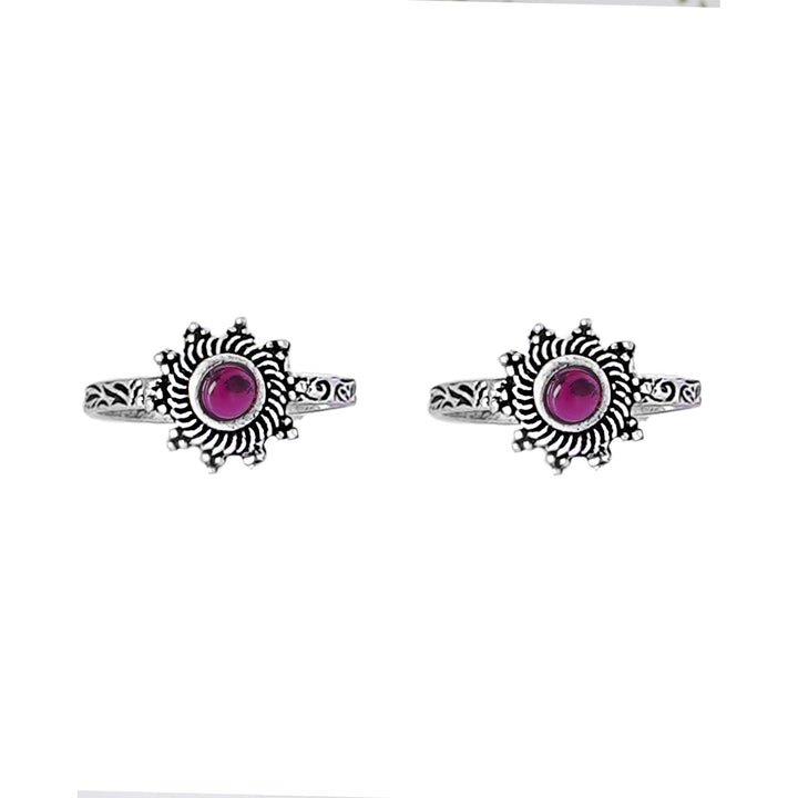 Teejh Rishika Pink Stone Silver Oxidised Toe Rings