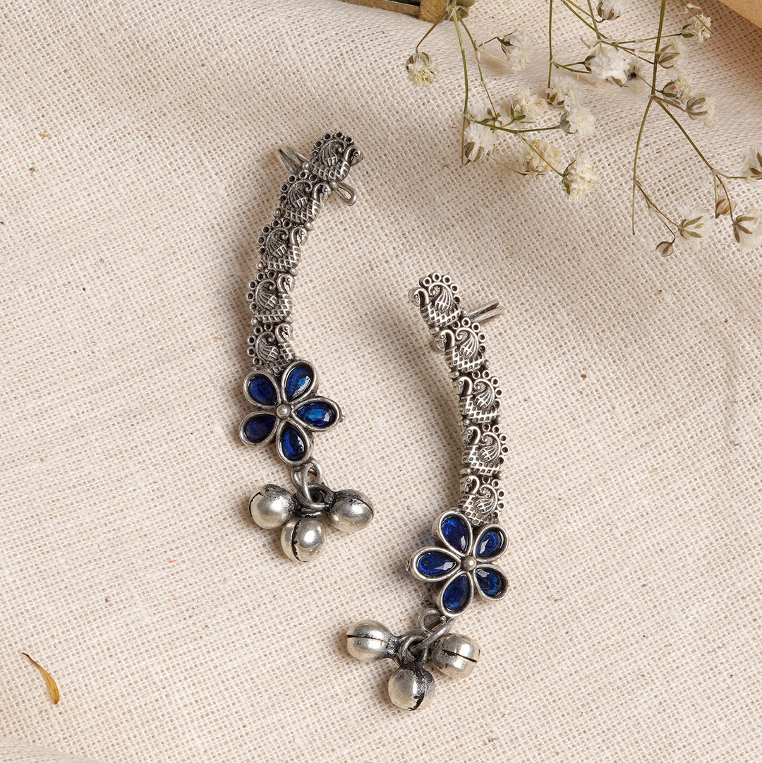 Teejh Viha Silver Oxidised Blue  Floral Earcuff