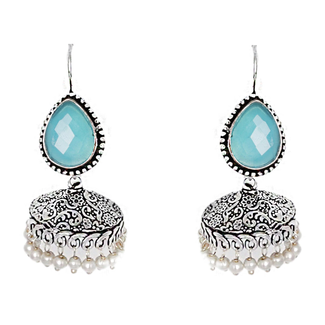 Teejh Sahasra Light Blue Stone Silver Oxidised Earrings