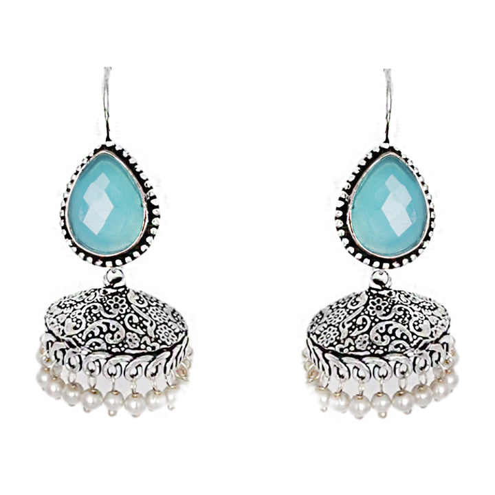 Teejh Sahasra Light Blue Stone Silver Oxidised Earrings