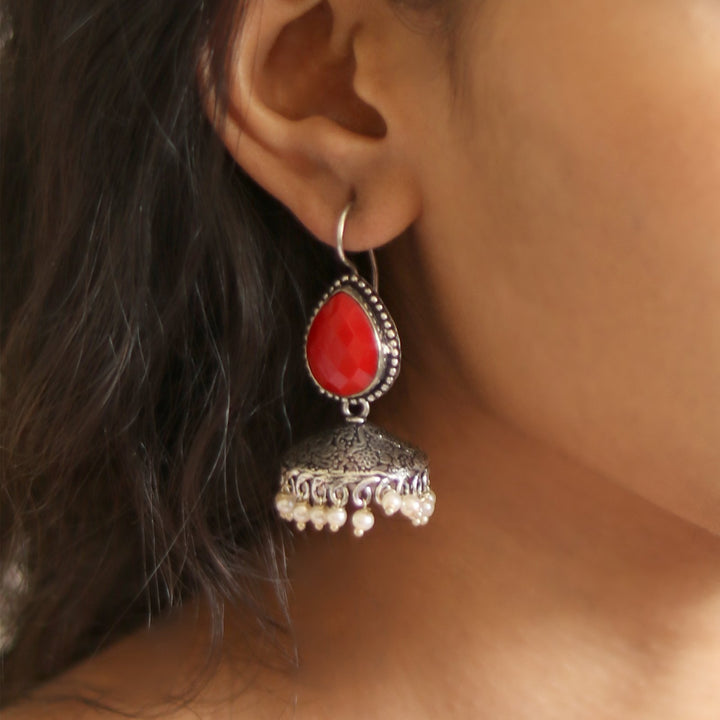 Teejh Sahasra Red Stone Silver Oxidised Earrings
