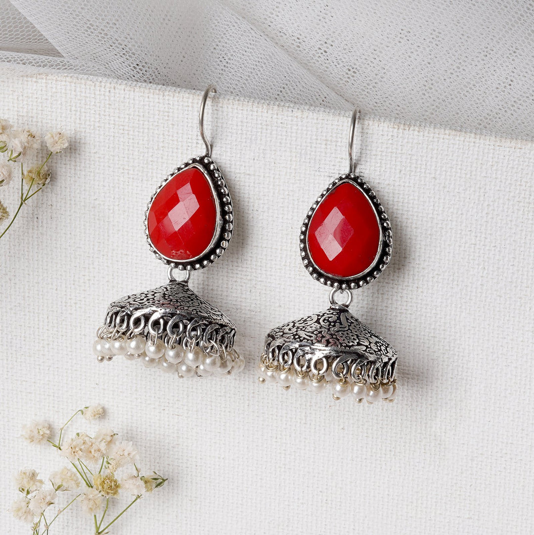 Teejh Sahasra Red Stone Silver Oxidised Earrings