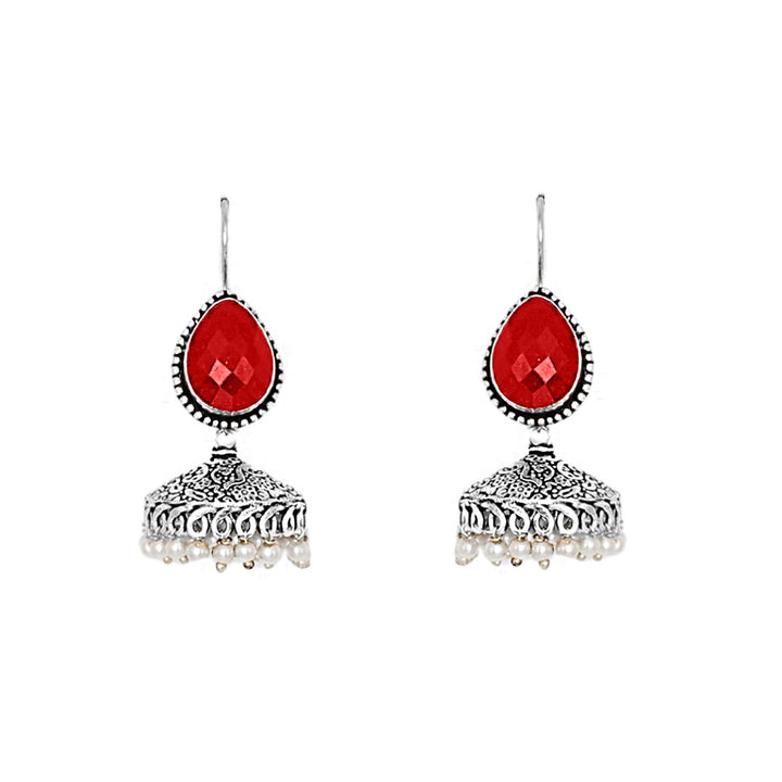 Teejh Sahasra Red Stone Silver Oxidised Earrings