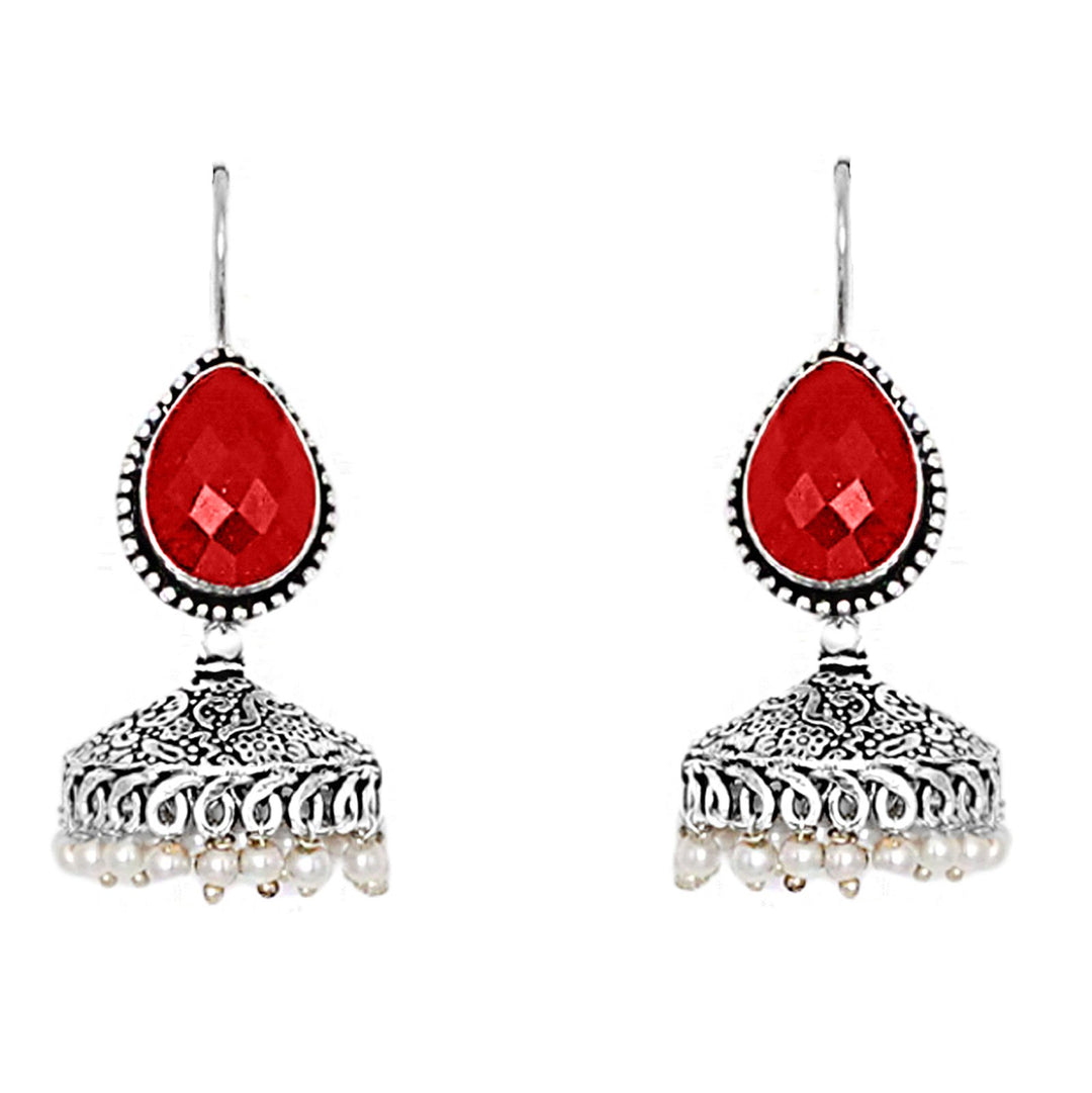 Teejh Sahasra Red Stone Silver Oxidised Earrings