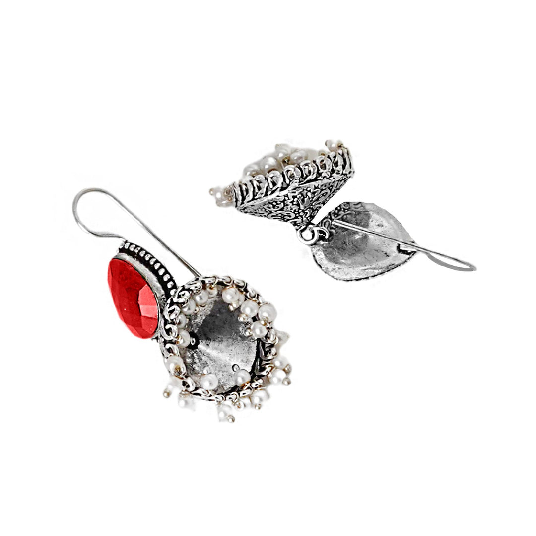Teejh Sahasra Red Stone Silver Oxidised Earrings