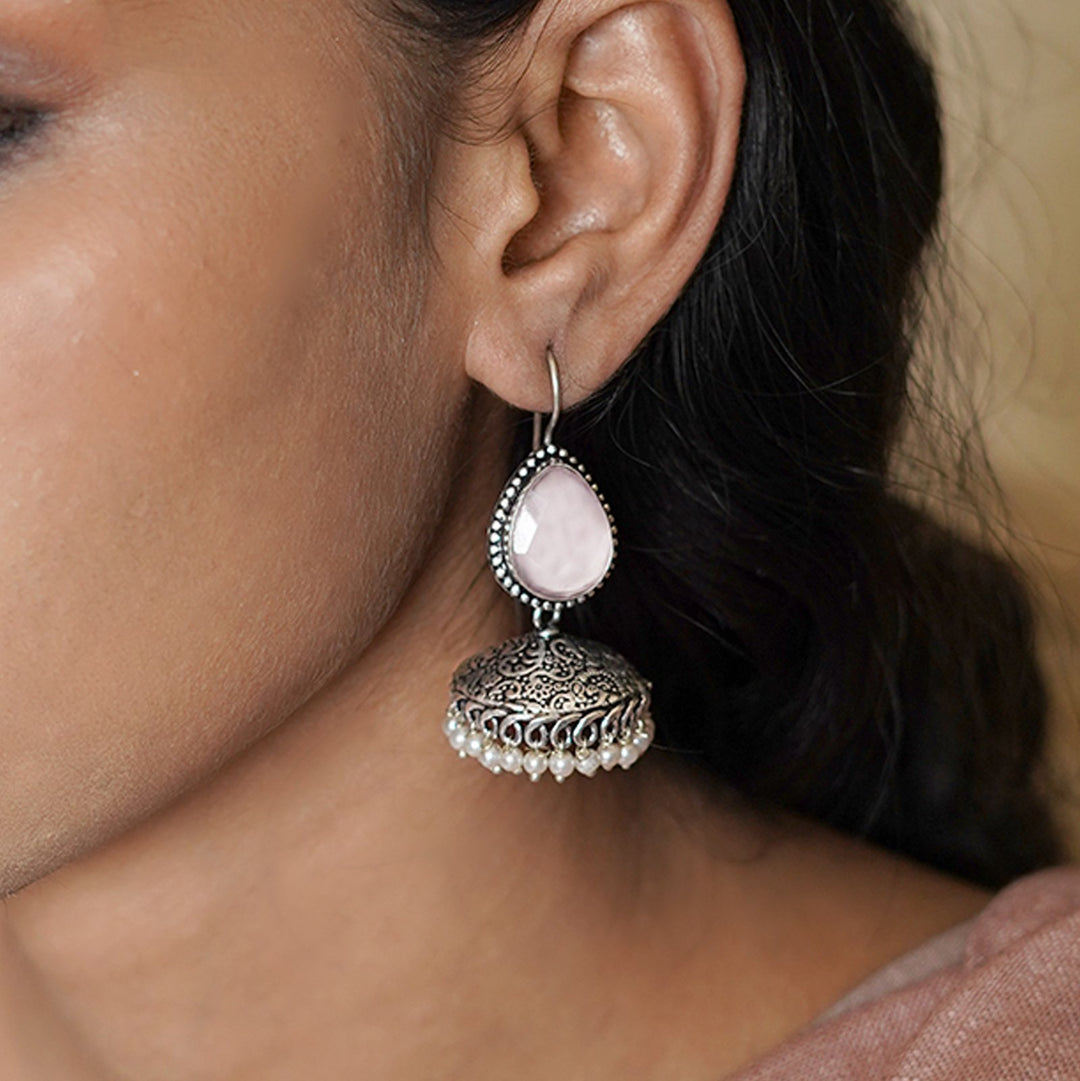 Teejh Sahasra Pink Stone Silver Oxidised Earrings