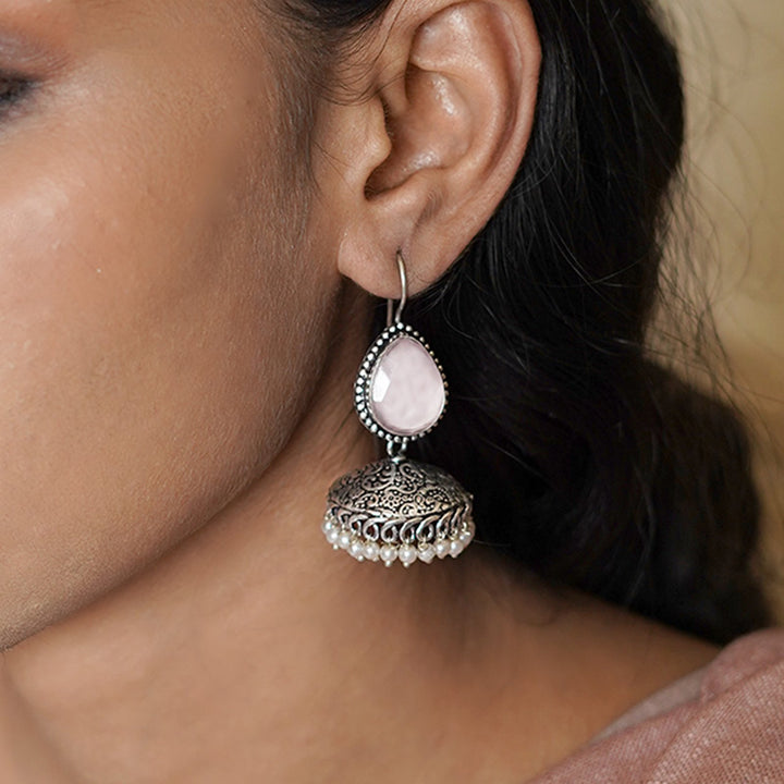 Teejh Sahasra Pink Stone Silver Oxidised Earrings
