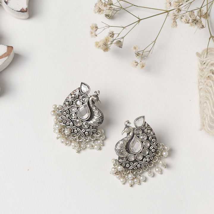 Teejh Nirali White Silver Oxidised Earrings