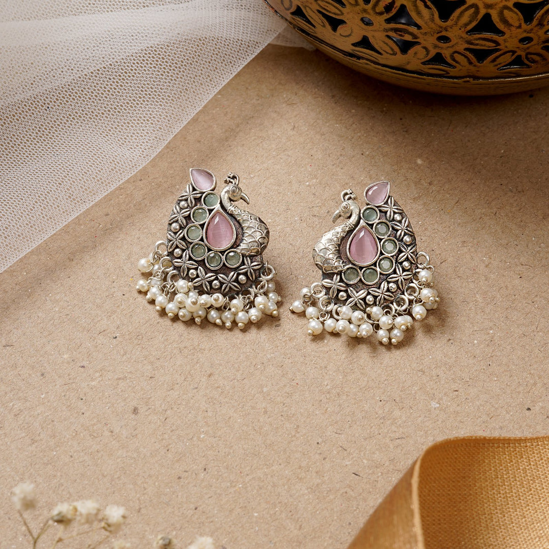 Teejh Nirali  Pink & White Silver Oxidised Earrings