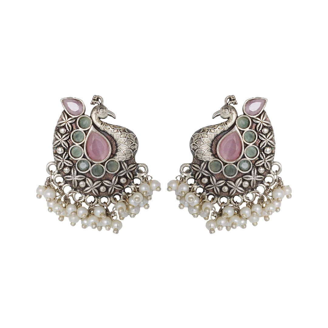 Teejh Nirali  Pink & White Silver Oxidised Earrings