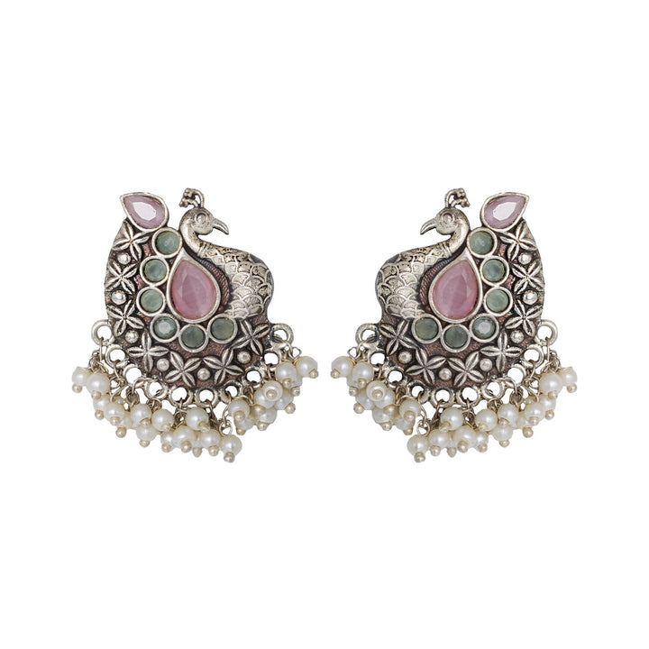 Teejh Nirali  Pink & White Silver Oxidised Earrings
