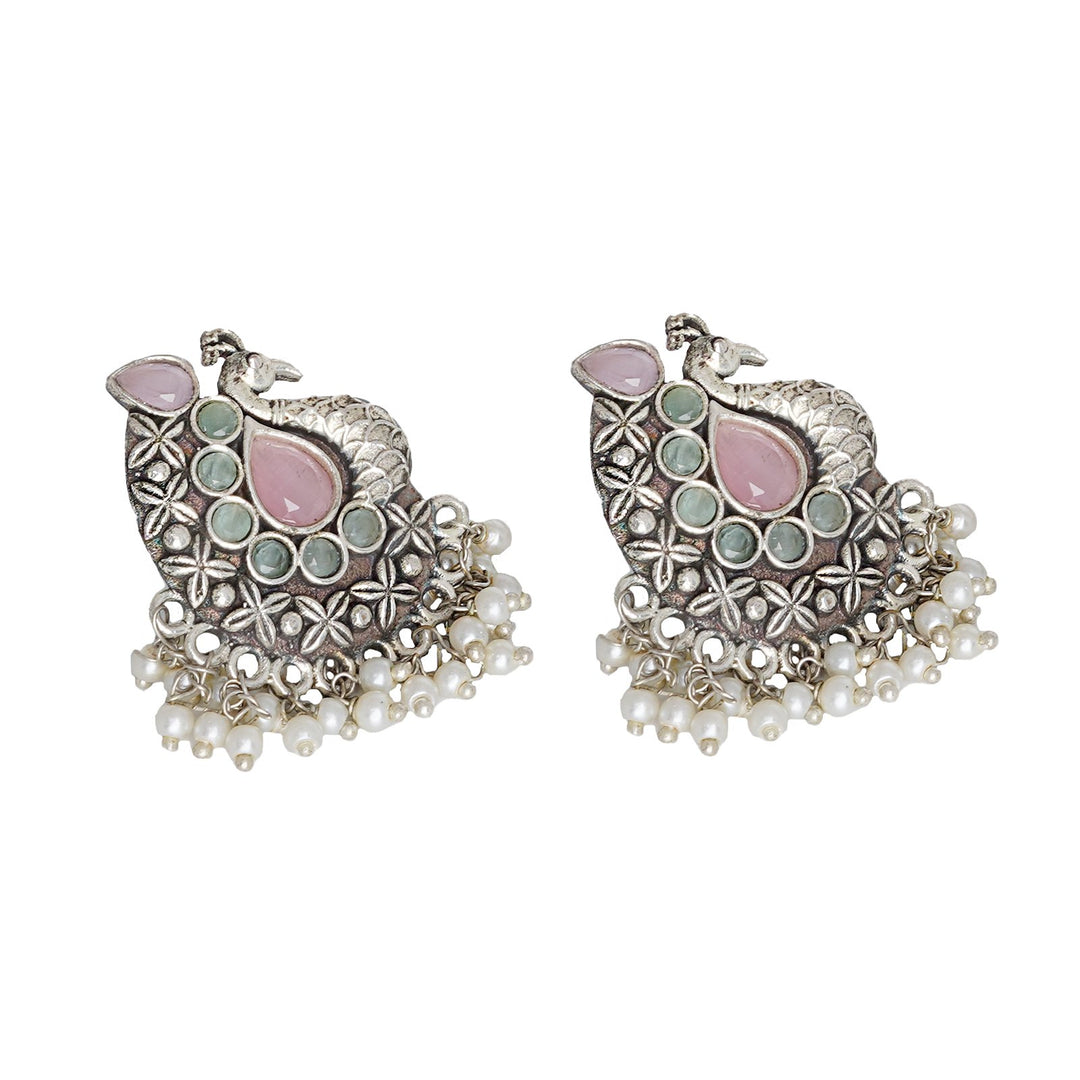 Teejh Nirali  Pink & White Silver Oxidised Earrings