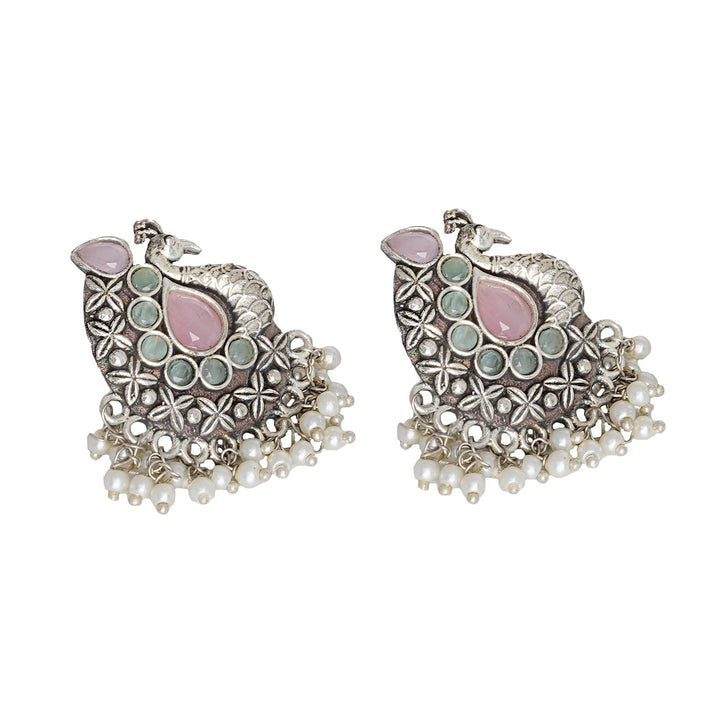 Teejh Nirali  Pink & White Silver Oxidised Earrings
